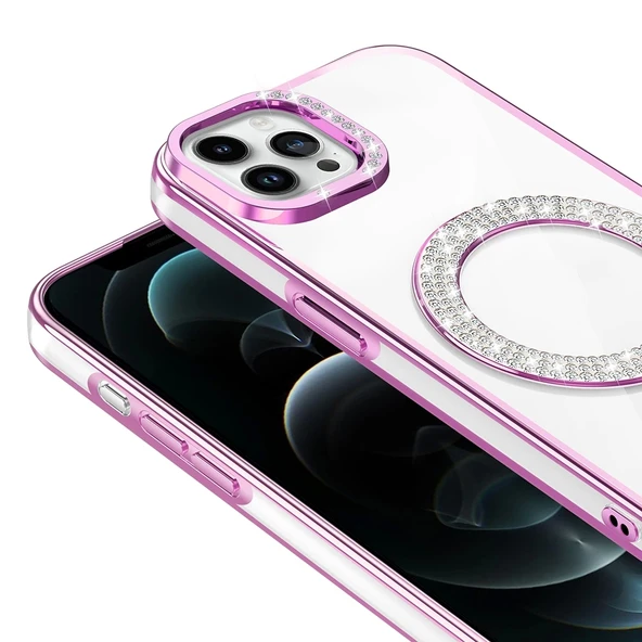 Apple iPhone 12 Pro Kılıf Pırlanta Taş Tasarımlı M-safe Şarj Özellikli Zore Karetta Silikon Kapak - 7