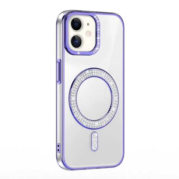 Apple iPhone 12 Kılıf Pırlanta Taş Tasarımlı M-safe Şarj Özellikli Zore Karetta Silikon Kapak - 6
