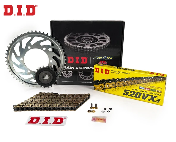 ZİNCİR DİŞLİ SETİ KAWASAKI ER-6F / ER6-N (650 cc)  (2006-2016) / KAWASAKI / ER-6F / ER-6N / 650cc / ZİNCİR: DID-520VX3 (Gold)-114 / ÖN DİŞLİ: JT (15T)  / ARKA DİŞLİ: SUNSTAR (46T) / 2006-2007-2008-200 ürün görseli 1