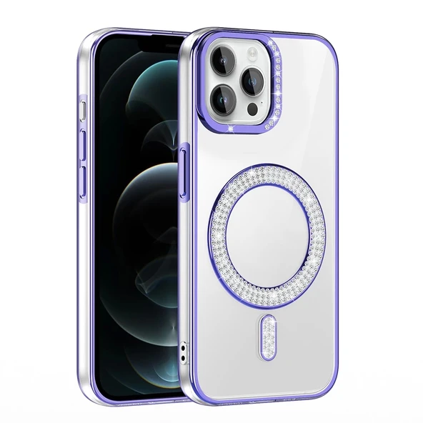 Apple iPhone 12 Pro Kılıf Pırlanta Taş Tasarımlı M-safe Şarj Özellikli Zore Karetta Silikon Kapak - 10