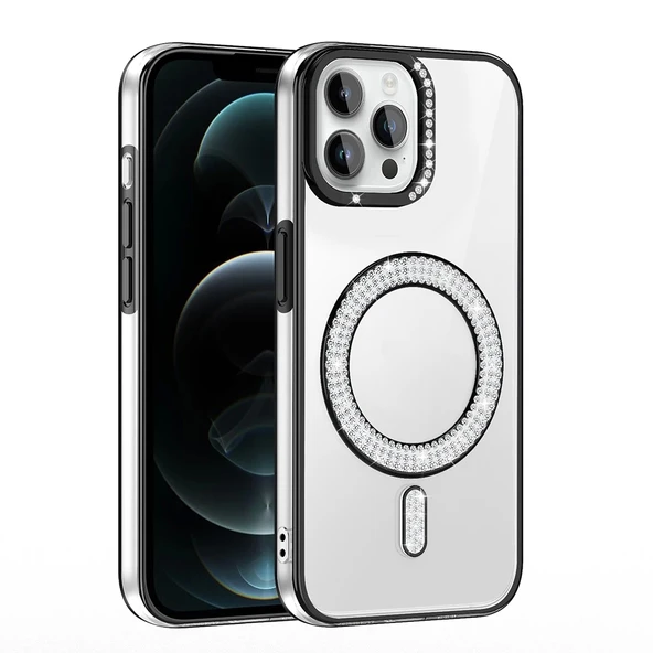 Apple iPhone 12 Pro Kılıf Pırlanta Taş Tasarımlı M-safe Şarj Özellikli Zore Karetta Silikon Kapak - 4