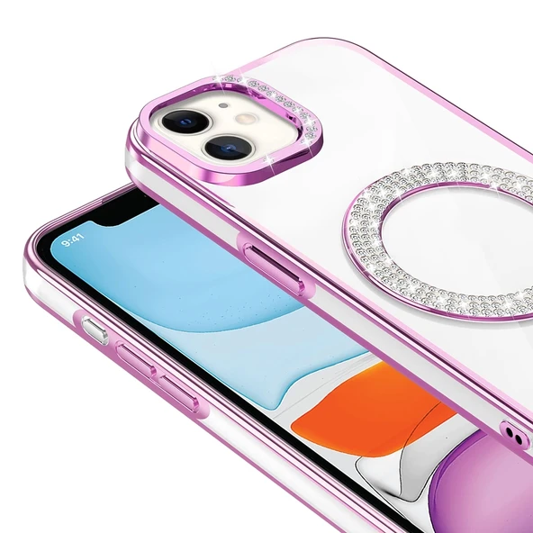 Apple iPhone 12 Kılıf Pırlanta Taş Tasarımlı M-safe Şarj Özellikli Zore Karetta Silikon Kapak - 5