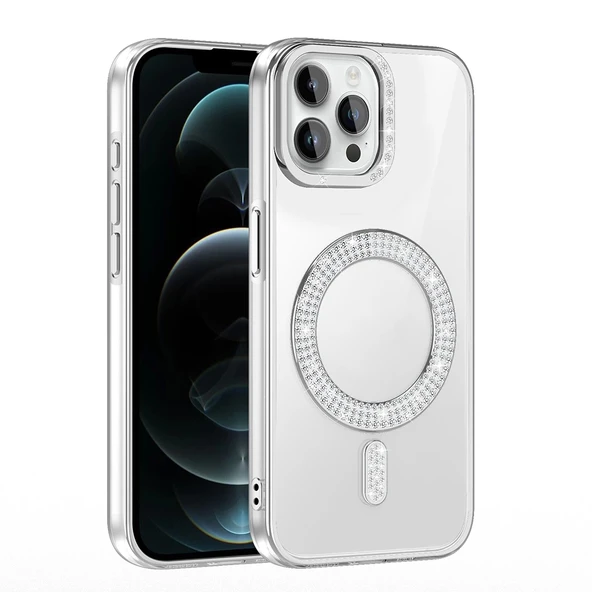 Apple iPhone 12 Pro Kılıf Pırlanta Taş Tasarımlı M-safe Şarj Özellikli Zore Karetta Silikon Kapak - 8