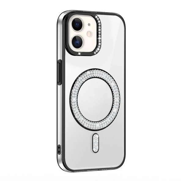 Apple iPhone 12 Kılıf Pırlanta Taş Tasarımlı M-safe Şarj Özellikli Zore Karetta Silikon Kapak - 10