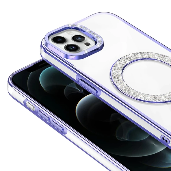 Apple iPhone 12 Pro Kılıf Pırlanta Taş Tasarımlı M-safe Şarj Özellikli Zore Karetta Silikon Kapak - 11