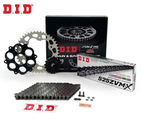 ZİNCİR DİŞLİ SETİ DUCATI HYPERMOTARD / EVO / SP (1100 cc)  (2007-2009) / DUCATI / HYPERMOTARD / EVO / SP / 1100cc / ZİNCİR: DID-525ZVM-X (Çelik)-104 / ÖN DİŞLİ: SUNSTAR (15T) / ARKA DİŞLİ: JT (42T) /