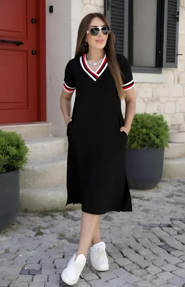 Kadın Kısa Kollu V Yaka Ve Yaka Ribana Detay Midiboy Viskon Elbise ürün görseli