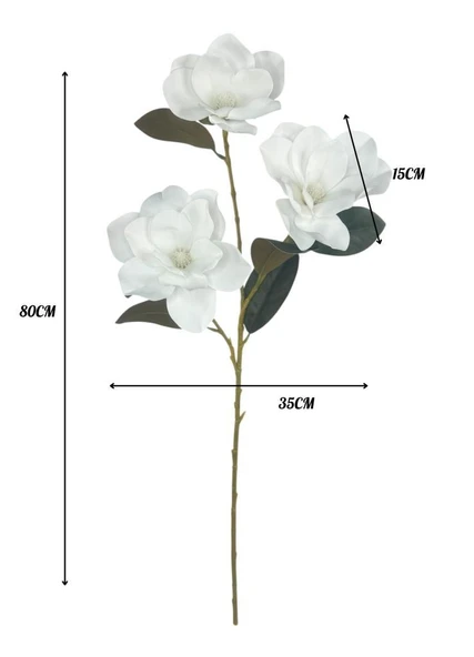 Yapay Çiçek Beyaz Manolya Islak Doku 3 Kafalı Uzun Dal Çiçek Flowers 80cm - 2
