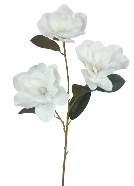 Yapay Çiçek Beyaz Manolya Islak Doku 3 Kafalı Uzun Dal Çiçek Flowers 80cm - 4