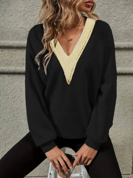 Kadın Uzun Kollu V Dantel Yaka şardonsuz üç Iplik Bluz ürün görseli