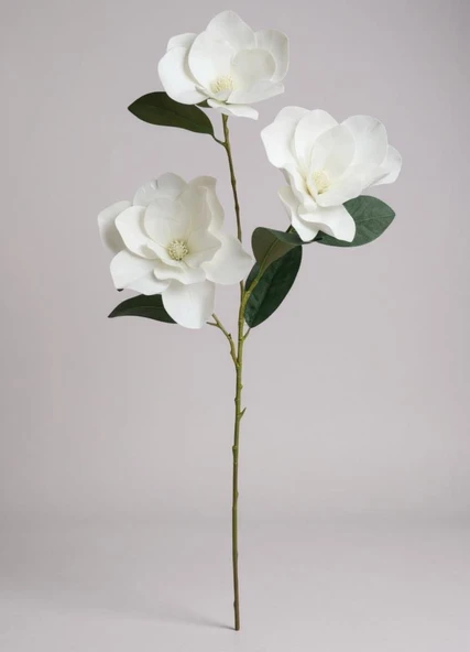 Yapay Çiçek Beyaz Manolya Islak Doku 3 Kafalı Uzun Dal Çiçek Flowers 80cm