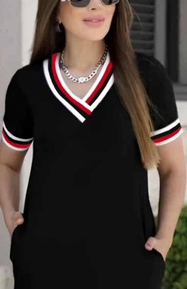 Kadın Kısa Kollu V Yaka Ve Yaka Ribana Detay Midiboy Viskon Elbise - Resim 2