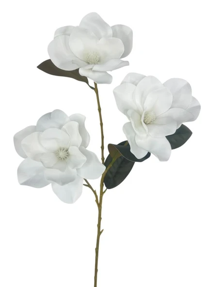 Yapay Çiçek Beyaz Manolya Islak Doku 3 Kafalı Uzun Dal Çiçek Flowers 80cm - 3
