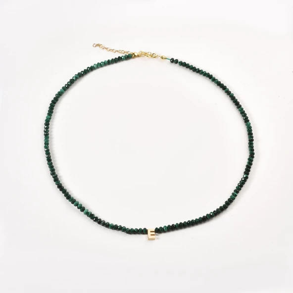 925 Ayar Gümüş Altın Kaplama Malakit Doğal Taş Harf Kolye - NGS00116 - 6