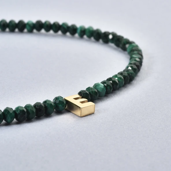 925 Ayar Gümüş Altın Kaplama Malakit Doğal Taş Harf Kolye - NGS00116 - 4