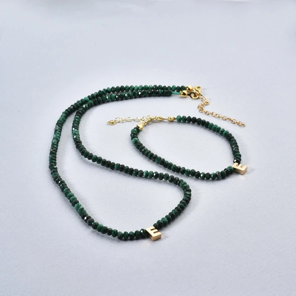 925 Ayar Gümüş Altın Kaplama Malakit Doğal Taş Harf Kolye - NGS00116 - 5