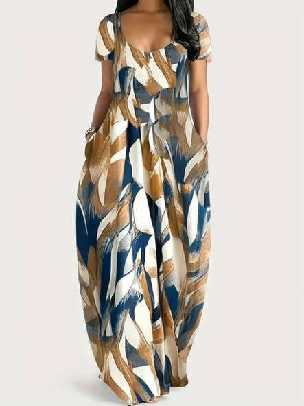 Kadın Kısa Kollu Yuvarlak Yaka Cepli Salaş Baskılı Süprem Elbise - Resim 3