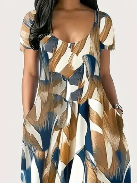 Kadın Kısa Kollu Yuvarlak Yaka Cepli Salaş Baskılı Süprem Elbise - Resim 2