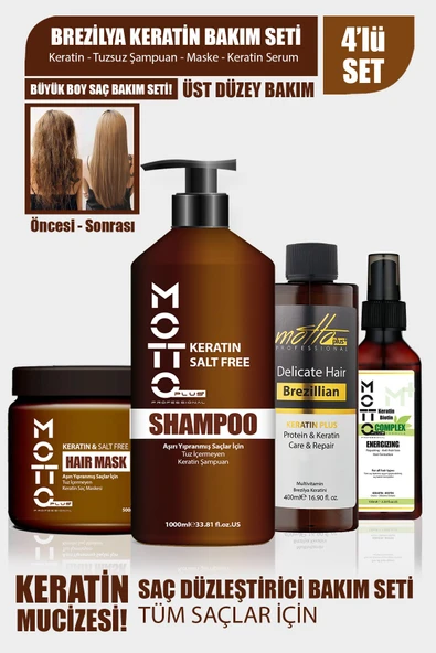 Motto Plus Professional 4'Lü Brezilya Fönü Şampuan Keratin Saç Düzleştirici Botox Bakım Seti (KERATİN-ŞAMPUAN-MASKE-SERUM)