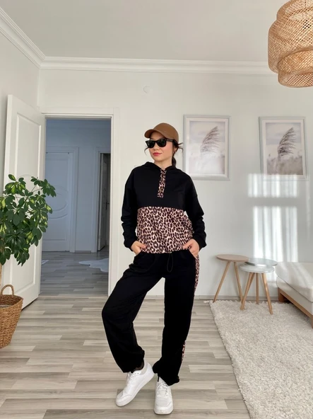 Kadın Uzun Kollu Leopar Detay Sweat Ve Yanı Leopar şerit Detay Pantolon Ikili Takım - Resim 6