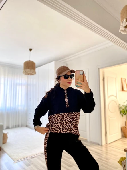 Kadın Uzun Kollu Leopar Detay Sweat Ve Yanı Leopar şerit Detay Pantolon Ikili Takım - Resim 8