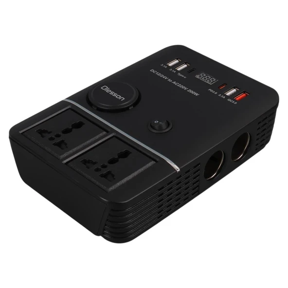 Ayt Olesson 1661 DC 12-24V 200W Oto Araç Power İnverter 2x Çakmak Girişi 2x Type-c 4x Usb 2x 220V Üniversal Priz - 2