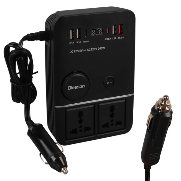 Ayt Olesson 1661 DC 12-24V 200W Oto Araç Power İnverter 2x Çakmak Girişi 2x Type-c 4x Usb 2x 220V Üniversal Priz