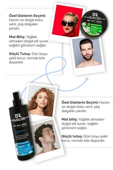 Black Red Saç Sea Salt Deniz Tuzu Saç Spreyi & Seal Salt Paste Saç Şekillendirici Mat Wax 2'li Set - 4