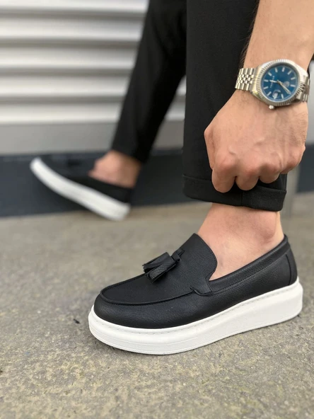 JY154 Blaze Bağcıksız Püsküllü Cilt Erkek Günlük Spor Klasik Ayakkabı CBT - Siyah - Resim 3