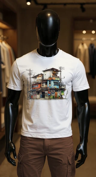 Erkek Beyaz Relaxed Fit %100 Pamuk Tişört – Suluboya & Çizgisel Sokak Ev Baskılı ürün görseli