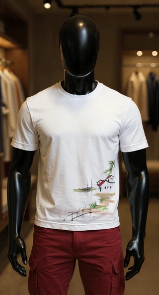 Erkek Beyaz Relaxed Fit %100 Pamuk Tişört – Suluboya Marin Ev & İskele Baskılı ürün görseli 1