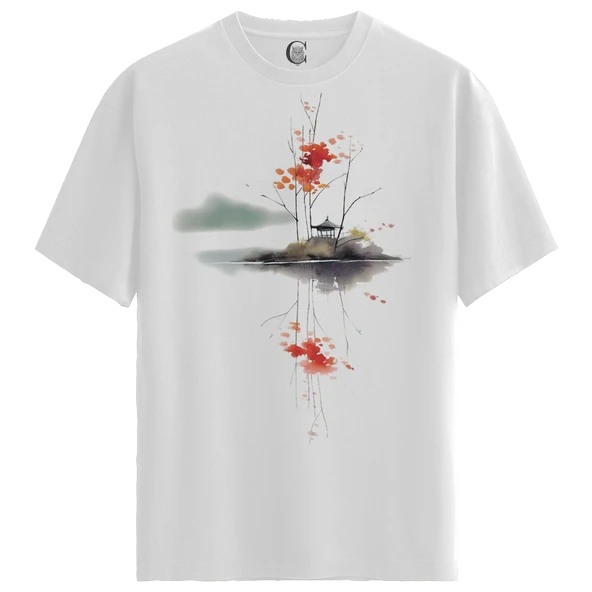 Erkek Beyaz Relaxed Fit %100 Pamuk Tişört – Suluboya Sonbahar Yaprakları Baskılı - Resim 4