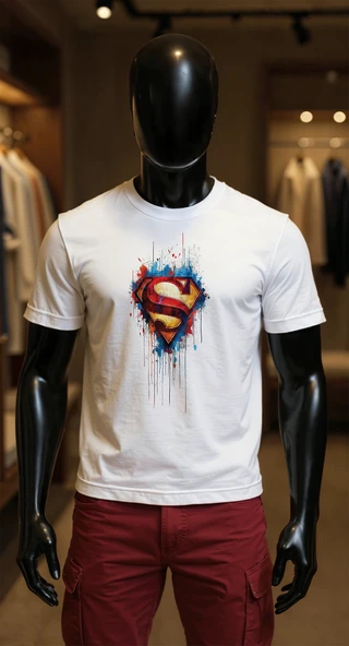 Erkek Beyaz Relaxed Fit %100 Pamuk Tişört – Drip Efektli Süper Kahraman Amblemi Baskılı ürün görseli 1
