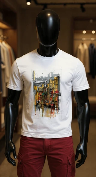 Erkek Beyaz Relaxed Fit %100 Pamuk Tişört – Suluboya Sokak & Şehir İllüstrasyonu Baskı ürün görseli