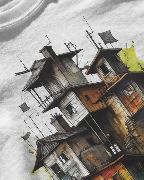 Erkek Beyaz Relaxed Fit %100 Pamuk Tişört – Suluboya Ağaç Ev Büyük Ön Baskılı - Resim 3