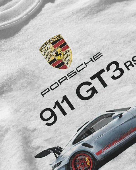 Erkek Beyaz Relaxed Fit %100 Pamuk Tişört – 911 GT3 RS Grafik + Sırt Teknik Baskılı - Resim 3