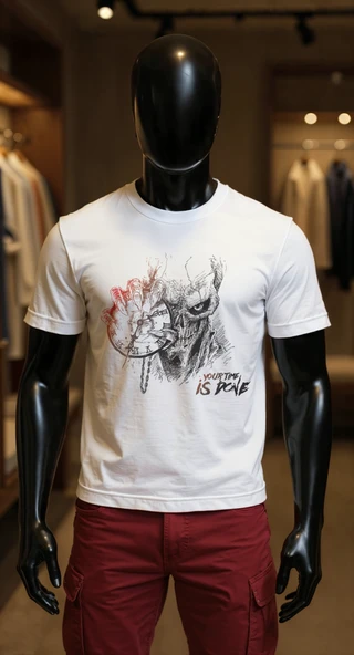 Erkek Beyaz Relaxed Fit %100 Pamuk Tişört –  İskelet & Saat Büyük Ön Baskılı ürün görseli 1