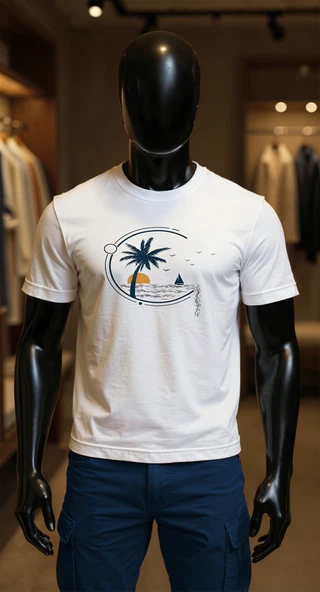 Erkek Beyaz Relaxed Fit %100 Pamuk Tişört – Marin Yelken & Palmiye Baskılı ürün görseli 1