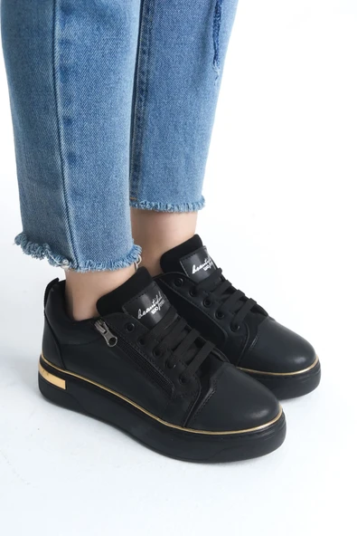 DINA Bağcıklı Fermuarlı Ortopedik Taban Kadın Sneaker Spor Ayakkabı  CST - Siyah/Altın - 1