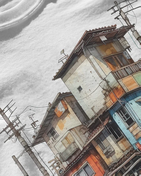 Erkek Beyaz Relaxed Fit %100 Pamuk Tişört – Suluboya & Çizgisel Sokak Ev Baskılı - Resim 3