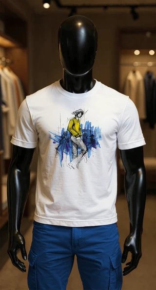 Erkek Beyaz Relaxed Fit %100 Pamuk Tişört – Suluboya & Çizgisel Model Baskılı ürün görseli 1