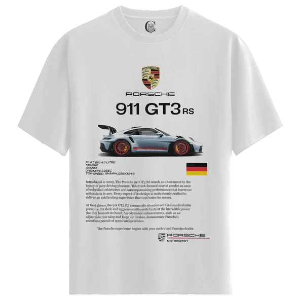 Erkek Beyaz Relaxed Fit %100 Pamuk Tişört – 911 GT3 RS Grafik + Sırt Teknik Baskılı - Resim 4
