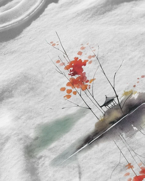 Erkek Beyaz Relaxed Fit %100 Pamuk Tişört – Suluboya Sonbahar Yaprakları Baskılı - Resim 3