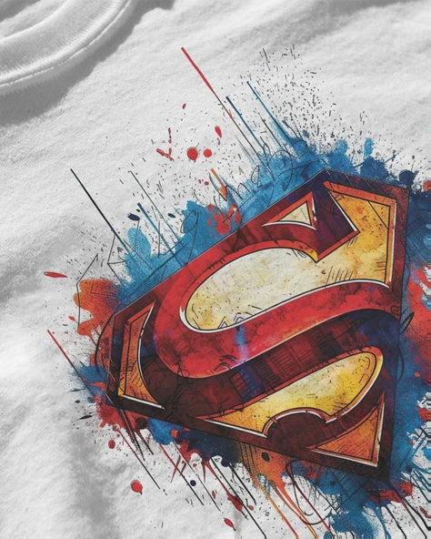 Erkek Beyaz Relaxed Fit %100 Pamuk Tişört – Drip Efektli Süper Kahraman Amblemi Baskılı - Resim 3