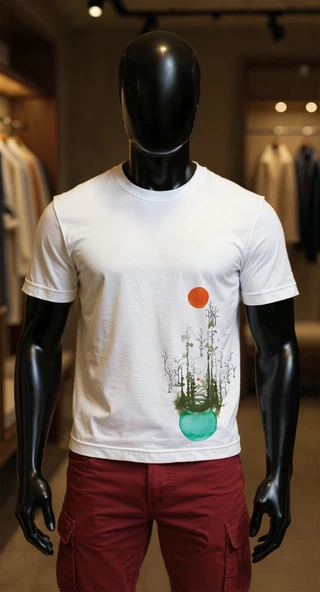 Erkek Beyaz Relaxed Fit %100 Pamuk Tişört – Suluboya Botanik & Turkuaz Küre Baskılı ürün görseli 1