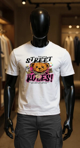 Erkek Beyaz Relaxed Fit %100 Pamuk Tişört – Graffiti Teddy & “Street Rules” Baskılı ürün görseli