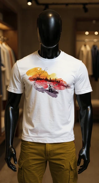 Erkek Beyaz Relaxed Fit %100 Pamuk Tişört – Suluboya Günbatımı & Balıkçı Manzara Baskılı ürün görseli