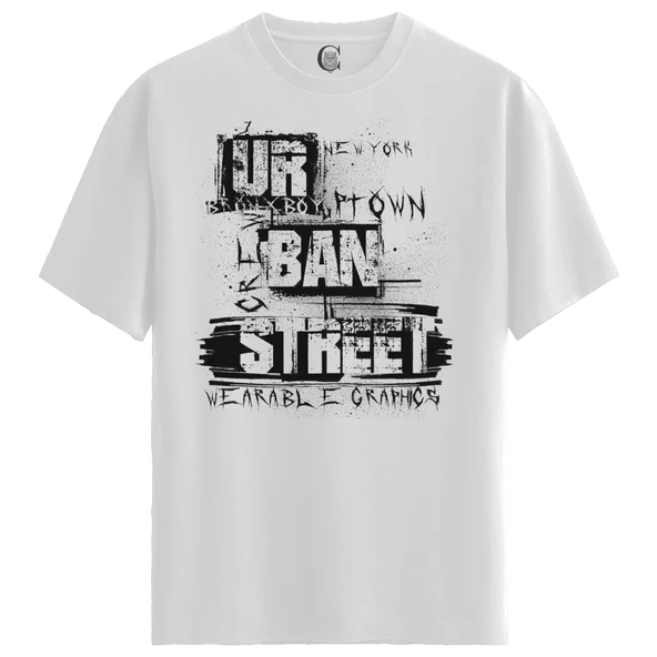 Erkek Beyaz Relaxed Fit %100 Pamuk Tişört – Urban Graffiti Tipografi Büyük Ön Baskılı - Resim 4
