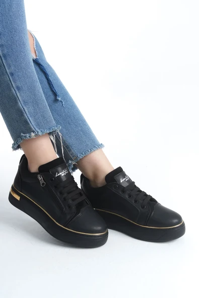 DINA Bağcıklı Fermuarlı Ortopedik Taban Kadın Sneaker Spor Ayakkabı  CST - Siyah/Altın - 2