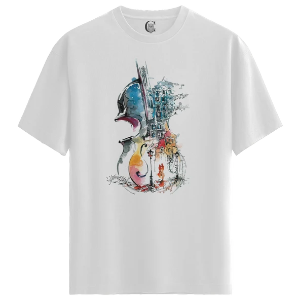 Erkek Beyaz Relaxed Fit %100 Pamuk Tişört – Suluboya Keman & Şehir İllüstrasyonu Baskılı - Resim 4